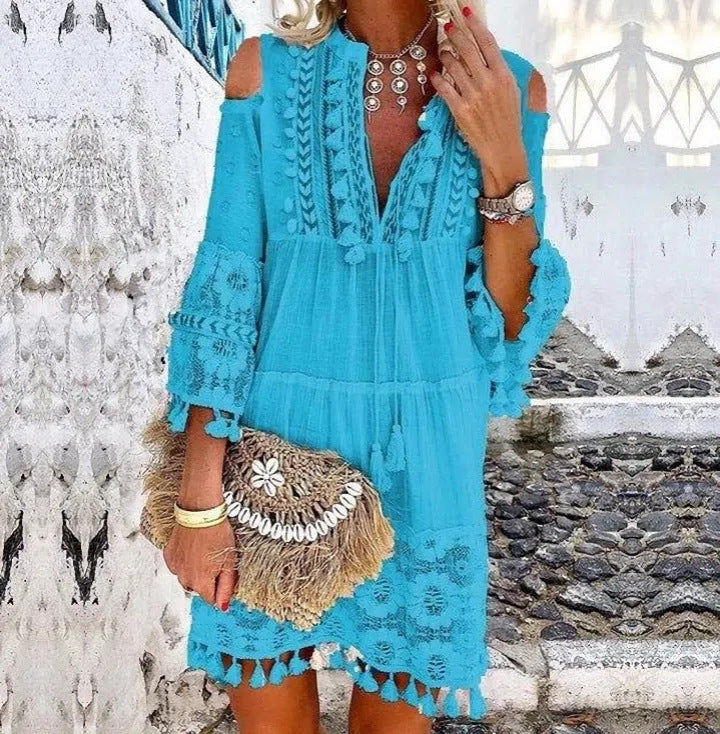 Deep V-Neck Tassel Trim Lace Insert Bell Sleeve Tiered Drawstring Dress