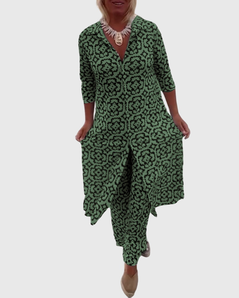 Medallion Print Collared Half Sleeve Tunic and Wide Leg Pants Two Piece Set