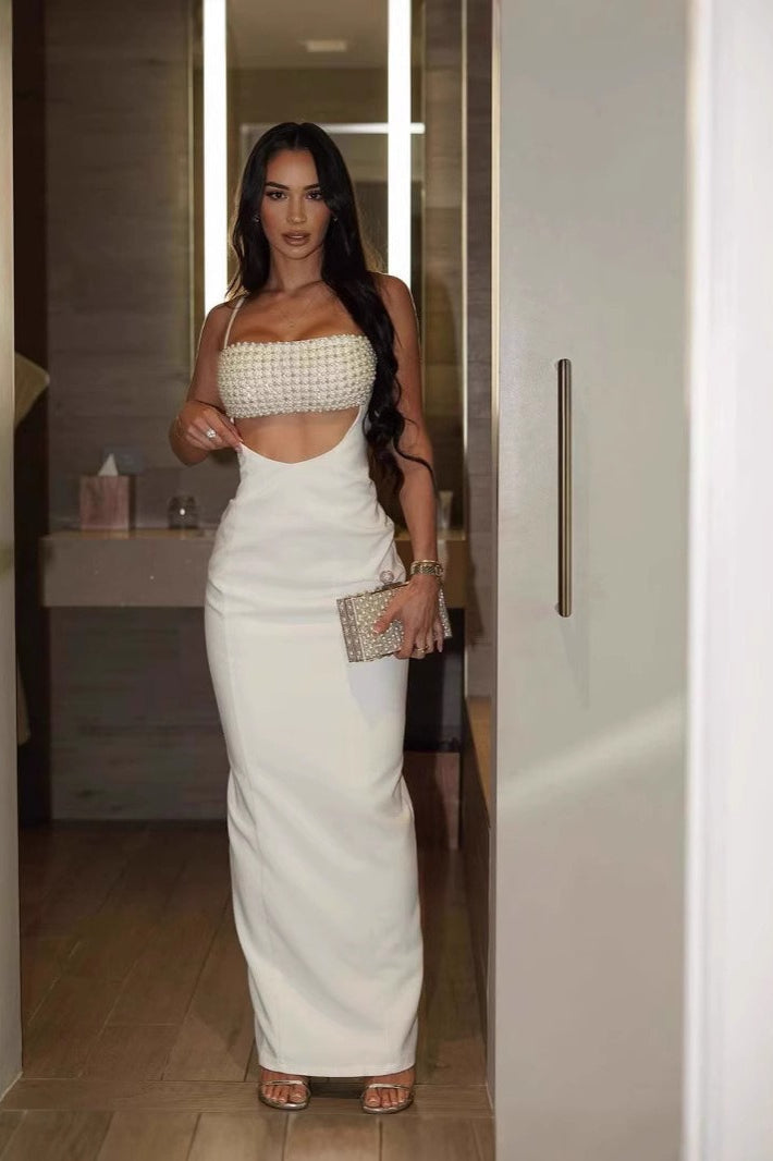 Backless Spaghetti Strap Ruched Knit Maxi Sequin Dress - View 2