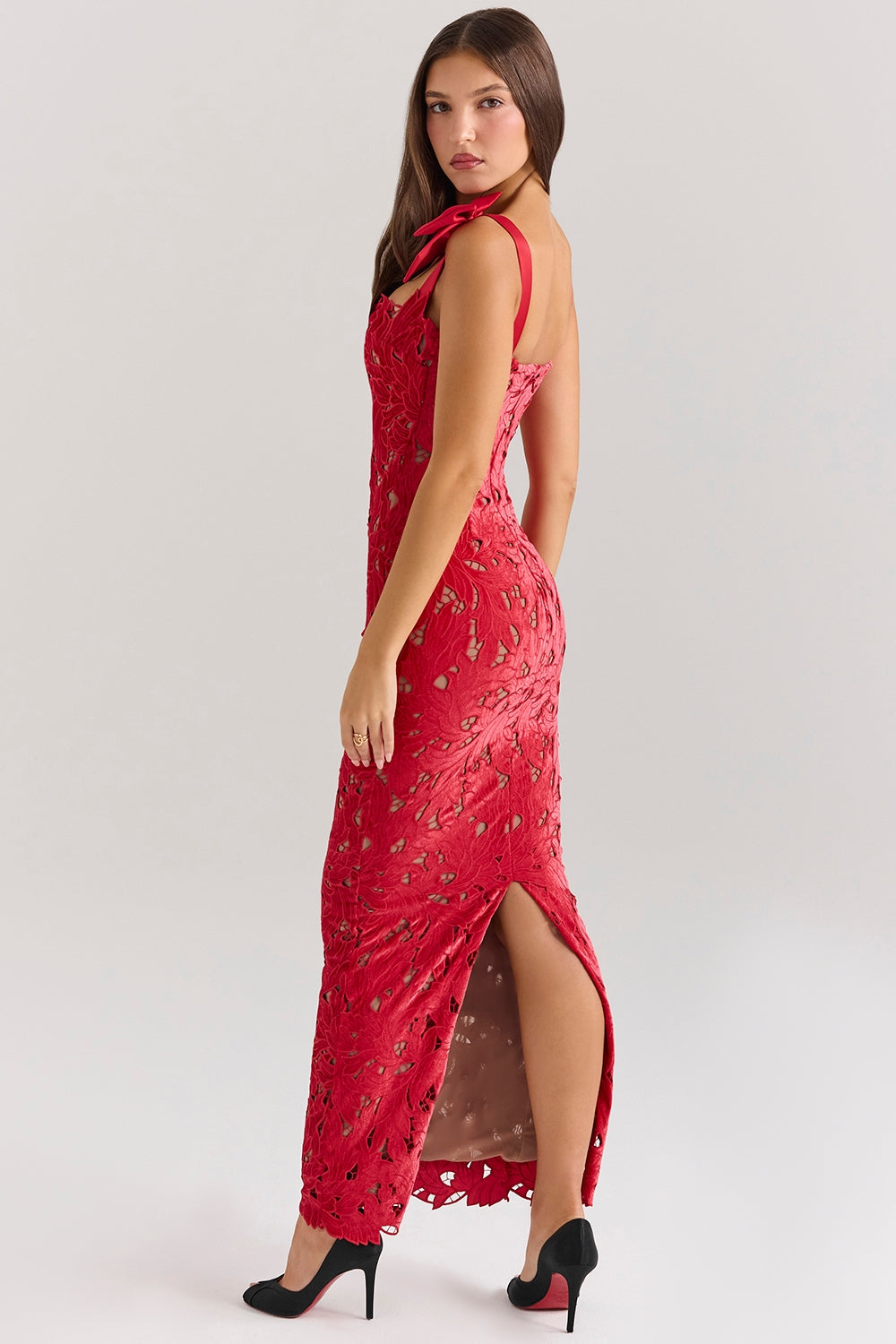 Cutwork Lace Bow Shoulder Square Neck Column Maxi Dress 5
