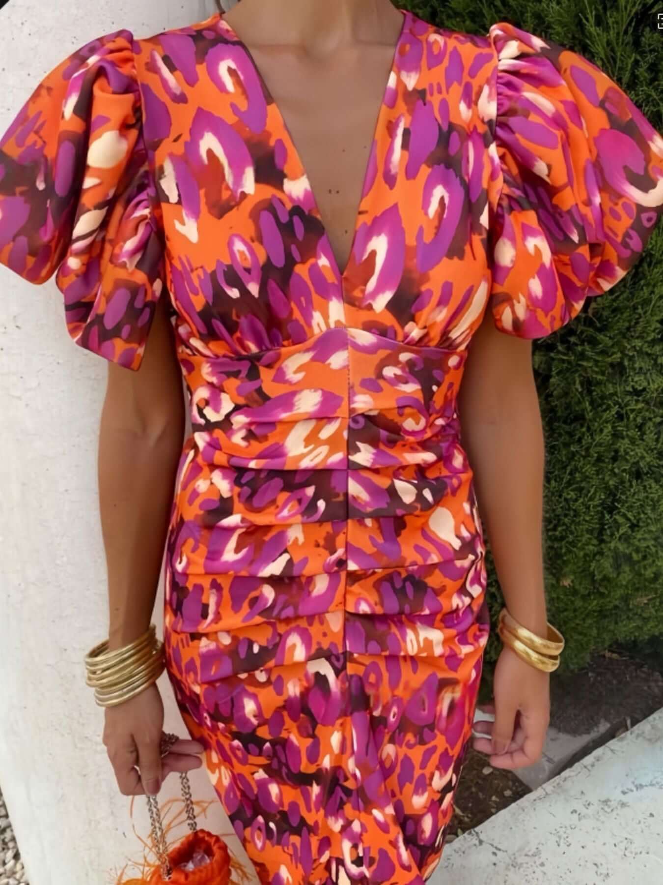 Full Size V-Neck Puff Sleeve Midi Dress Plus Size