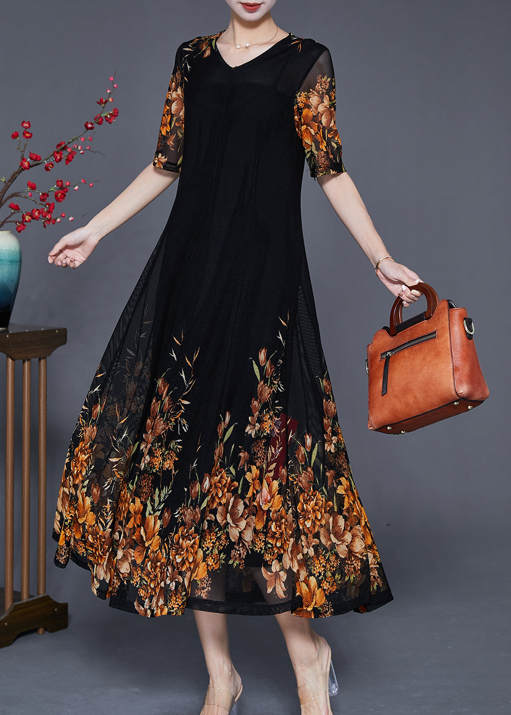 Mesh Elbow Sleeve V-Neck Band Hem A-Line Midi Dress
