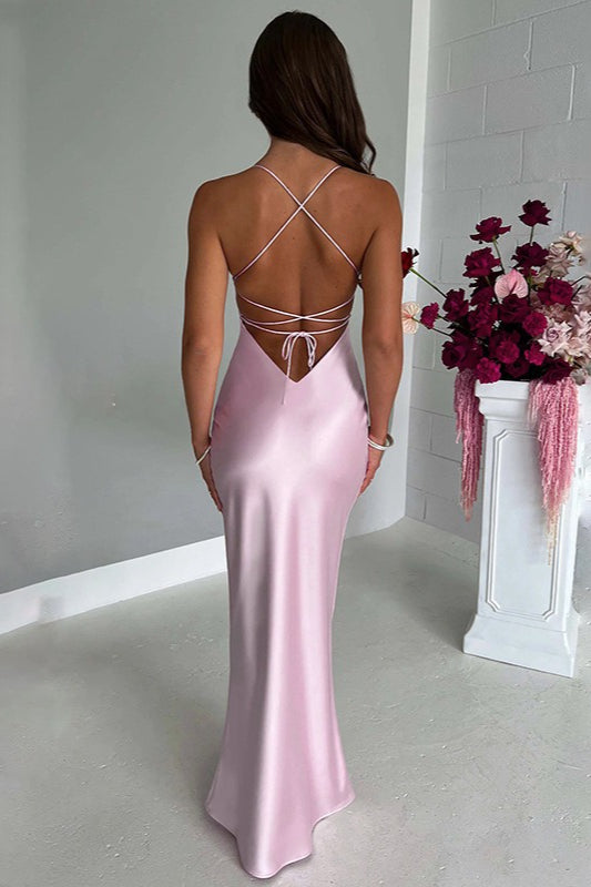 Backless Lace-Up Silk Dress in Black - View 6