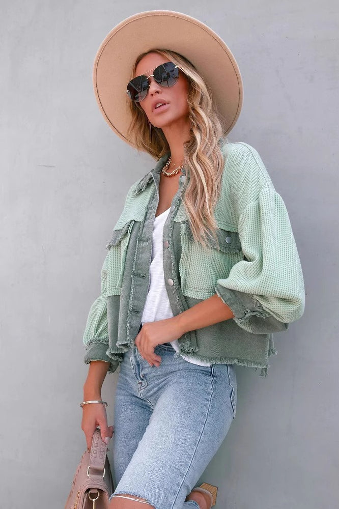 Waffle Knit Balloon Sleeve Frayed Trim Button Front Cropped Jacket 9