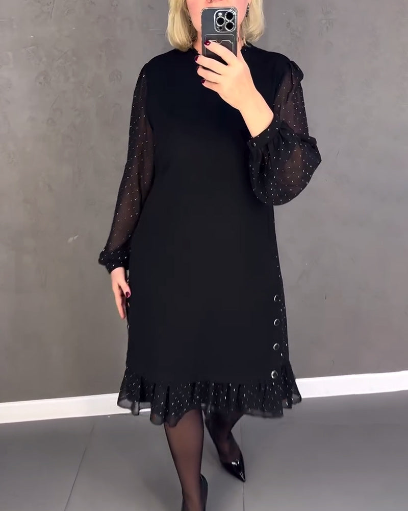 Round Neck Sheer Dot Sleeve Ruffle Hem Shift Midi Dress