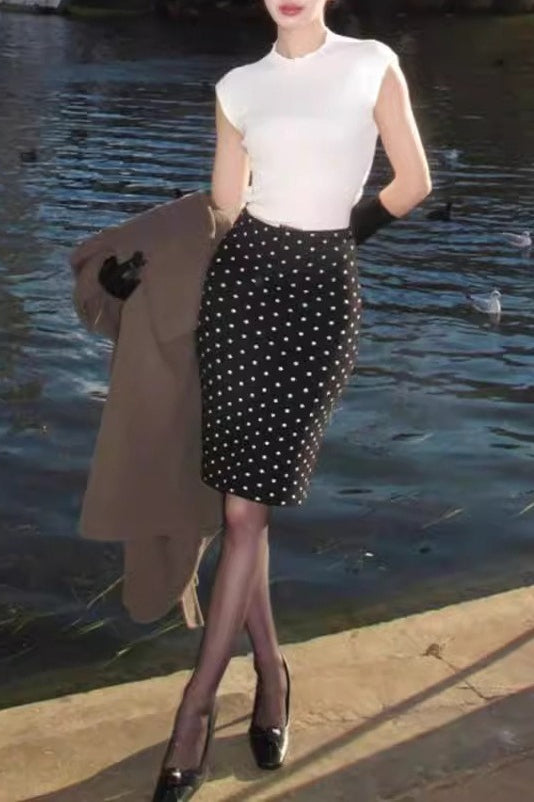 Polka Dot Knit Bodycon Midi Skirt