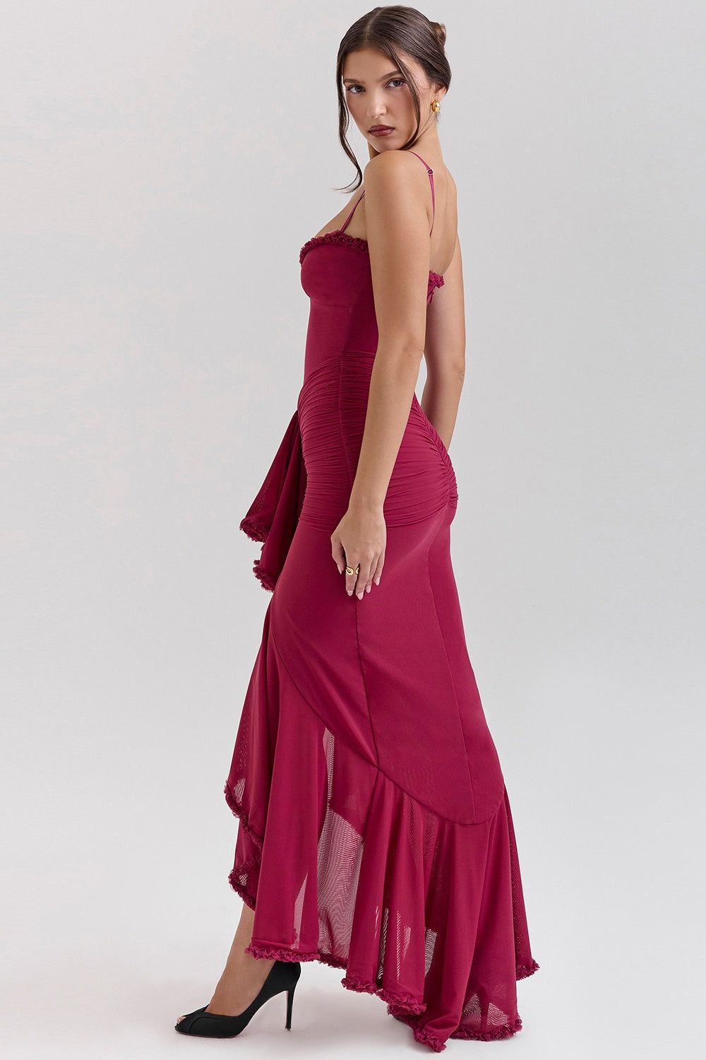 Spaghetti Strap Ruffle Trim High Low Asymmetrical Mini Party Dress
