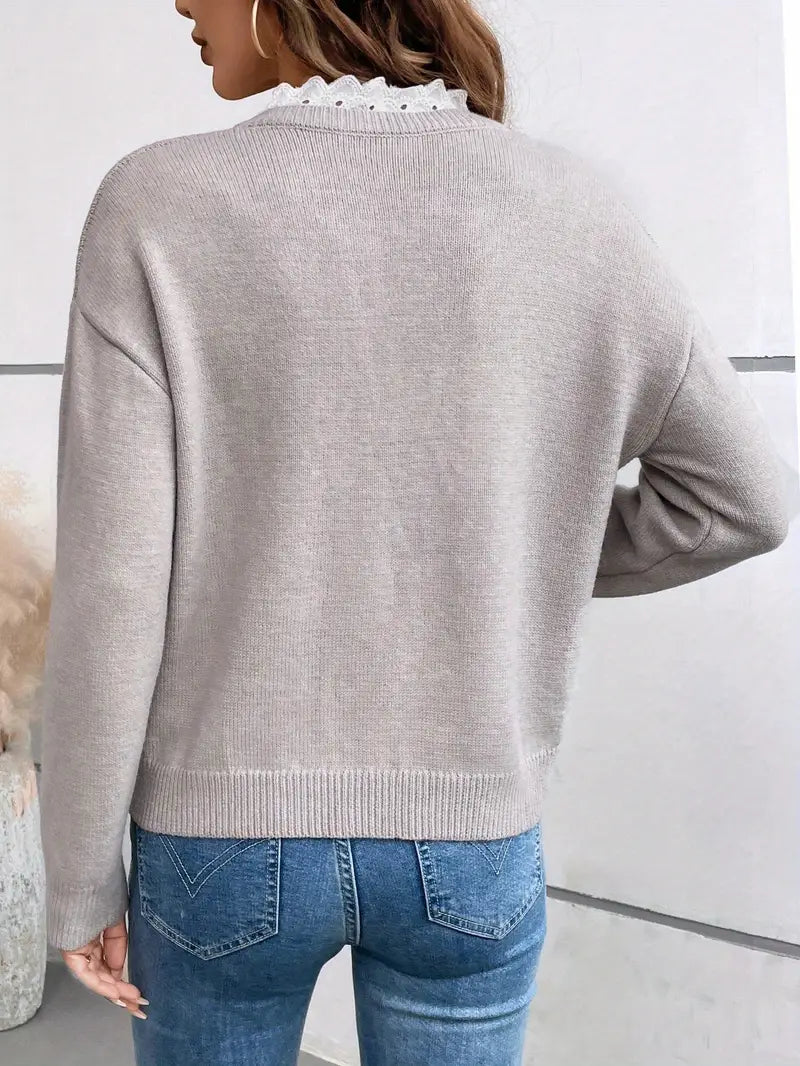 Lace Trim V-Neck Long Sleeve Knit Sweater