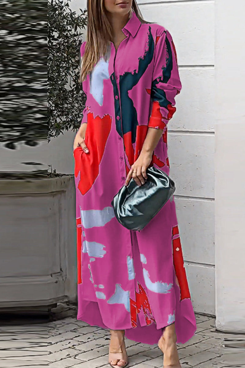 Collared Button Front Long Sleeve Pocket Slit Maxi Shirt Dress