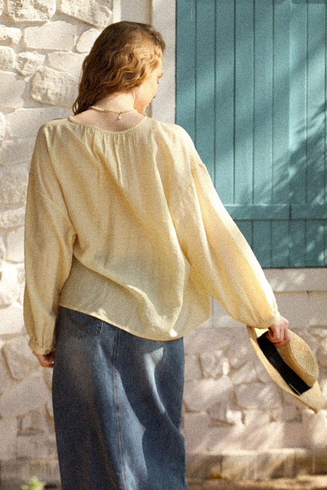 Round Neck Lantern Sleeve Button Front Loose Blouse 11