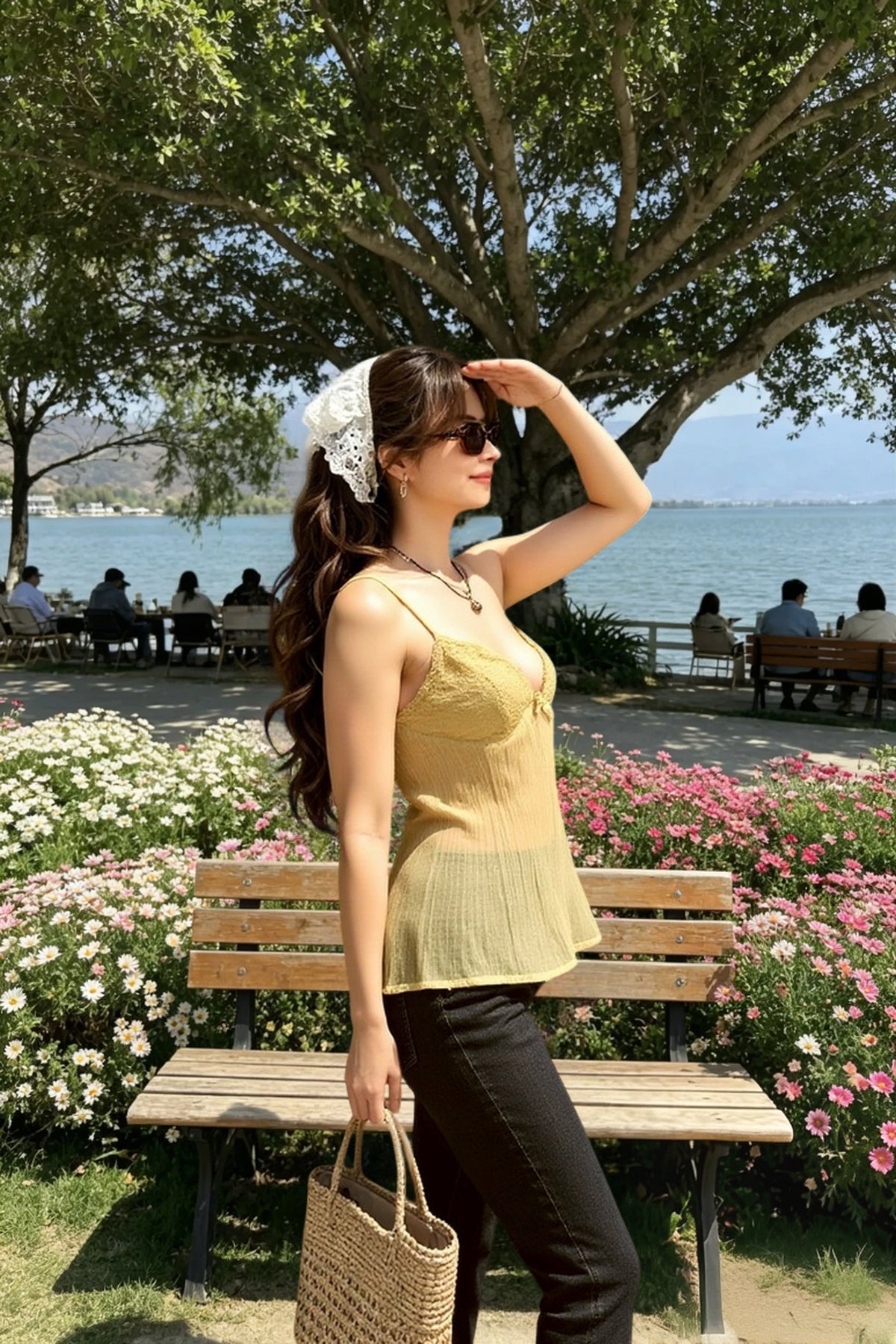 Sheer Mesh V-Neck Lace Trim Bow Front Cami Top 3
