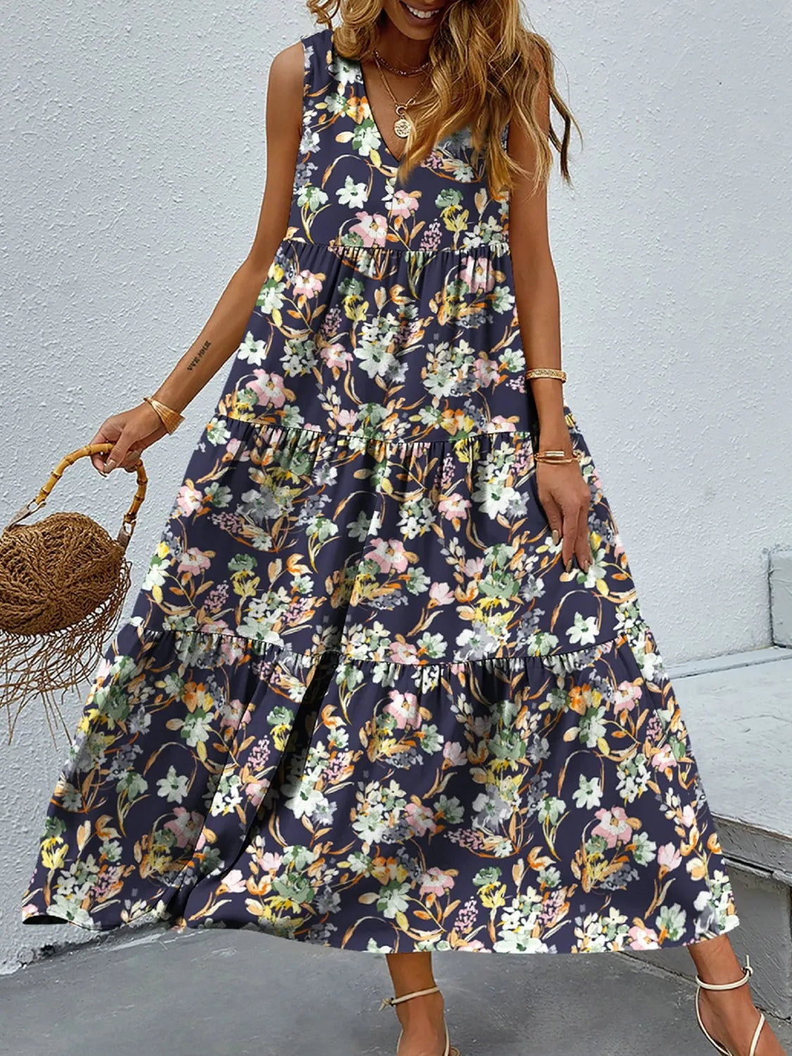 Floral V-Neck Sleeveless Tiered Flowy Maxi Dress - View 3