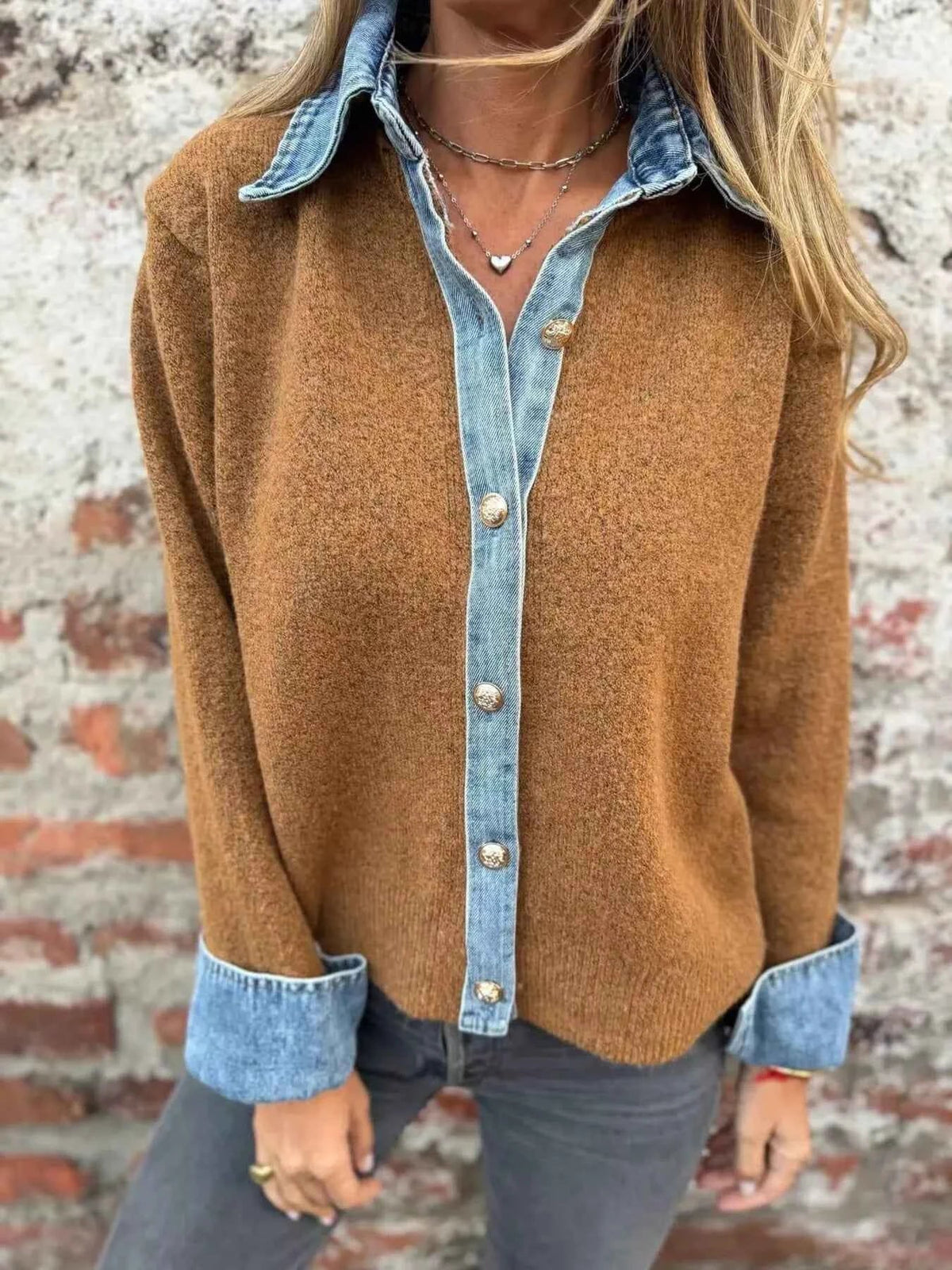 Denim-Look Collar and Cuff Trim Button Front Knit Cardigan 2