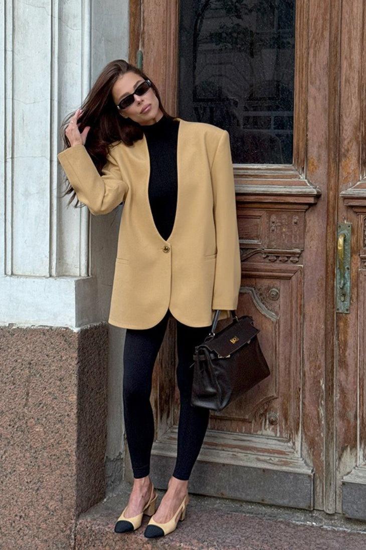 Collarless Deep V-Neck Single Button Oversized Longline Blazer