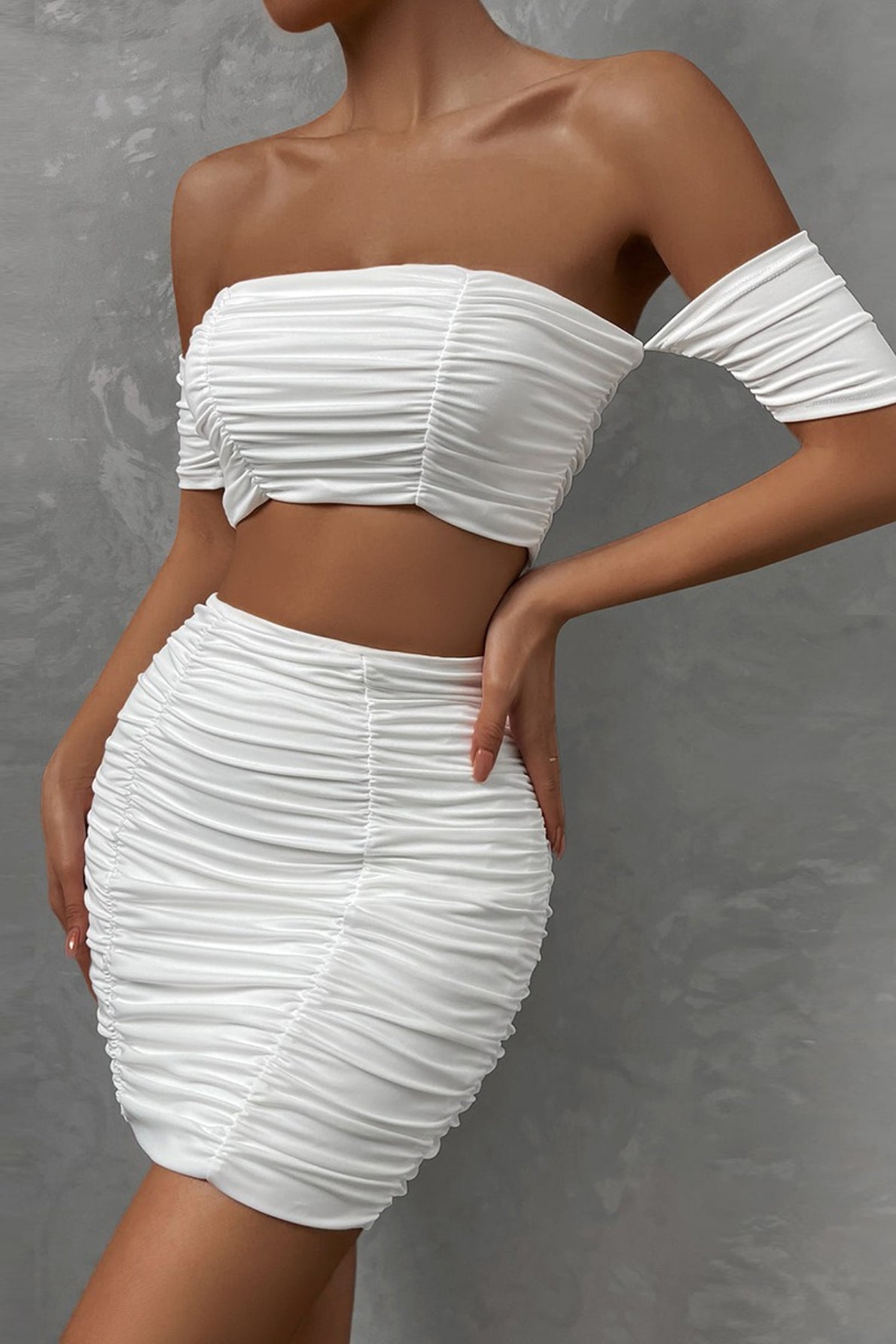 Off Shoulder Ruched Crop Top and High Waist Skirt Two Piece Set 2