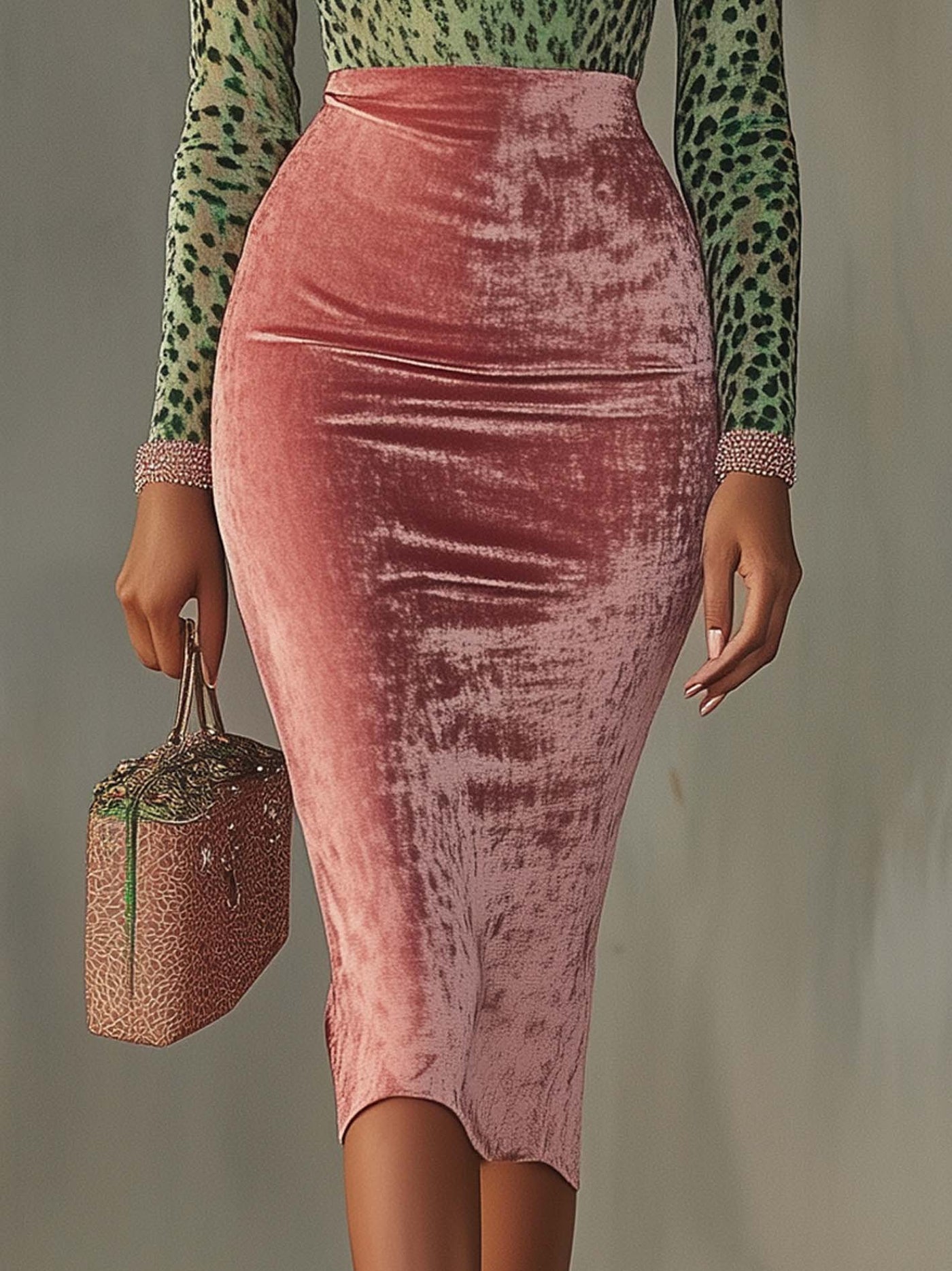 Faux Two Piece Leopard Print V-Neck Long Sleeve Velvet Midi Dress 6