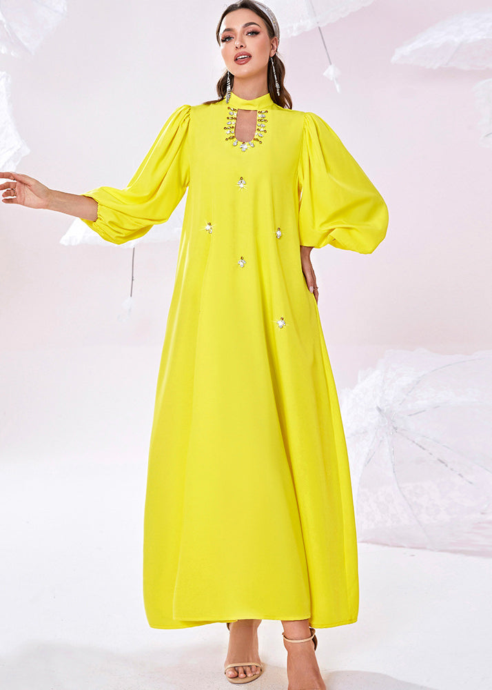 Rhinestone Mock Neck Cut Out Puff Sleeve Maxi Dress