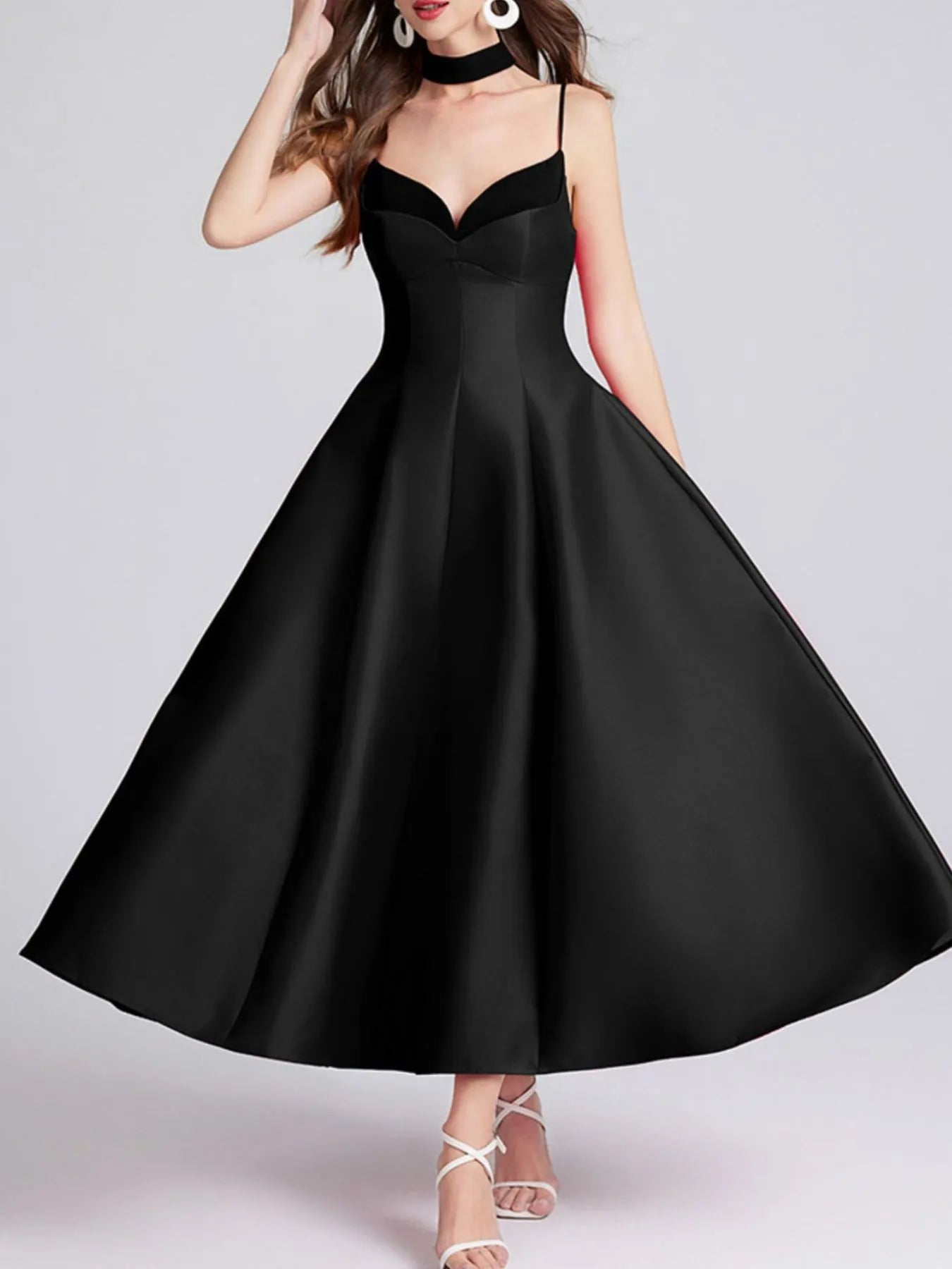 Sweetheart Spaghetti Strap Midi Dress with Collar – Elegant Summer Dress Black