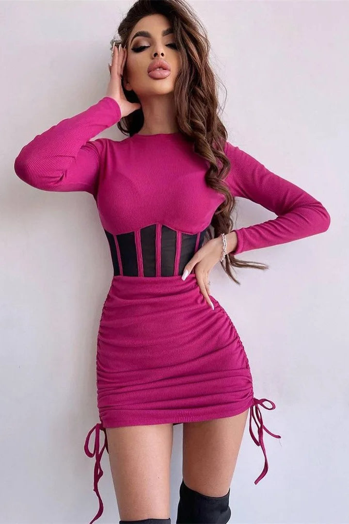 Long Sleeve Mesh Corset Ruched Bodycon Mini Dress in White - View 4