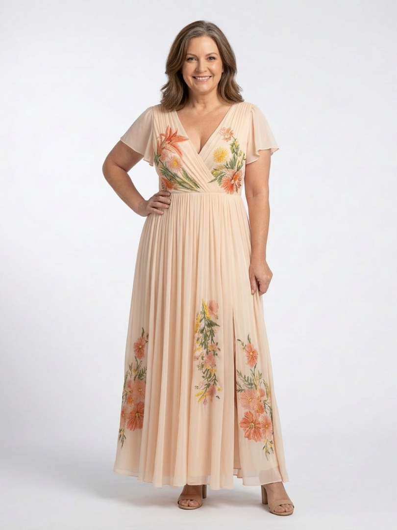V-Neck Flutter Sleeve Floral Embroidered Chiffon Maxi Dress