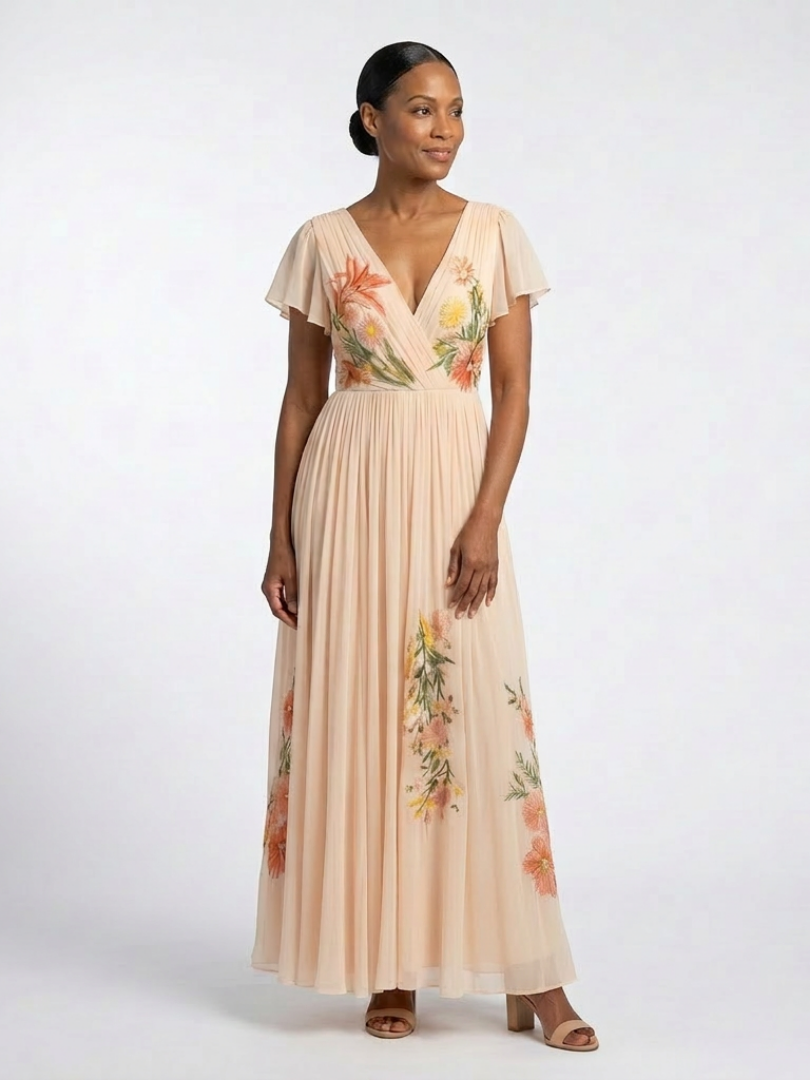 V-Neck Flutter Sleeve Floral Embroidered Chiffon Maxi Dress