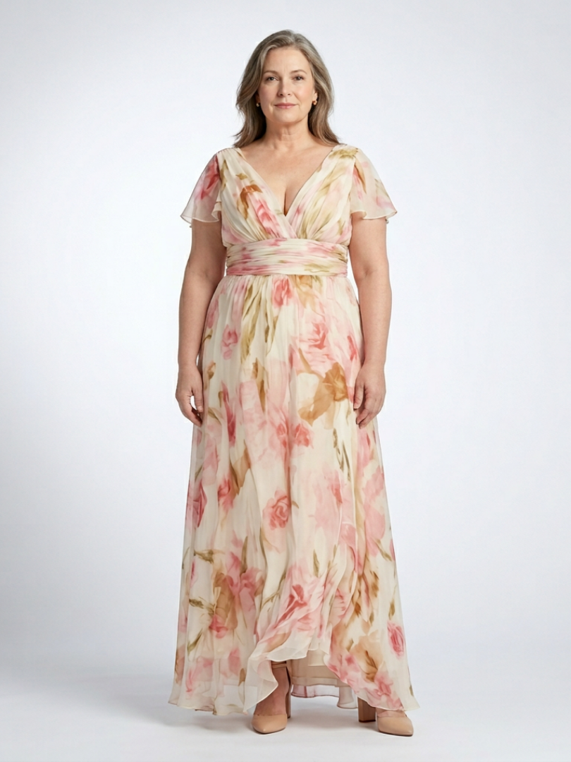 Floral V-Neck Flutter Sleeve Chiffon Maxi Dress