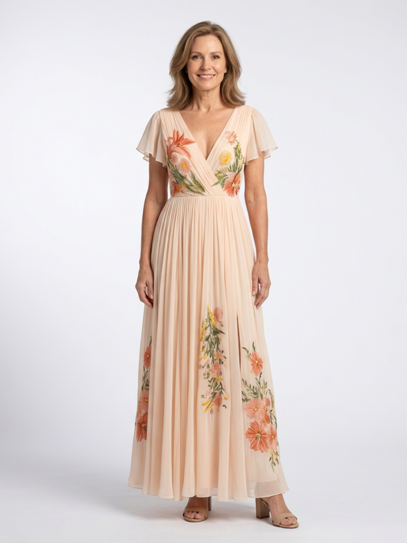 V-Neck Flutter Sleeve Floral Embroidered Chiffon Maxi Dress