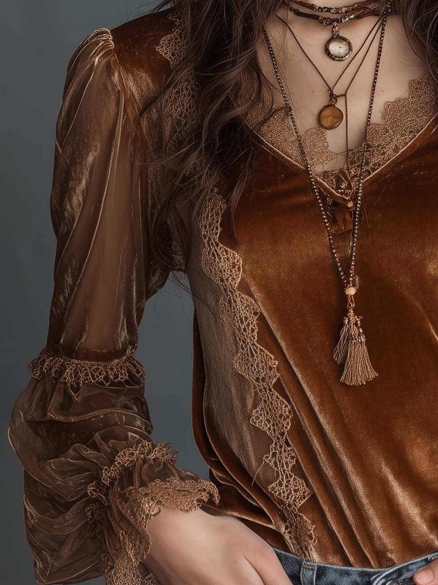 Caramel Velvet Lace Sheer Lantern Sleeve Top