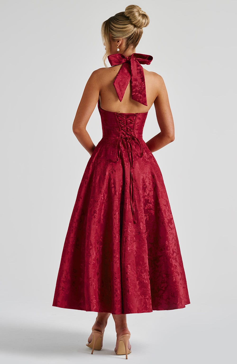 Jacquard Deep V-Neck Halter A-Line Midi Dress 2