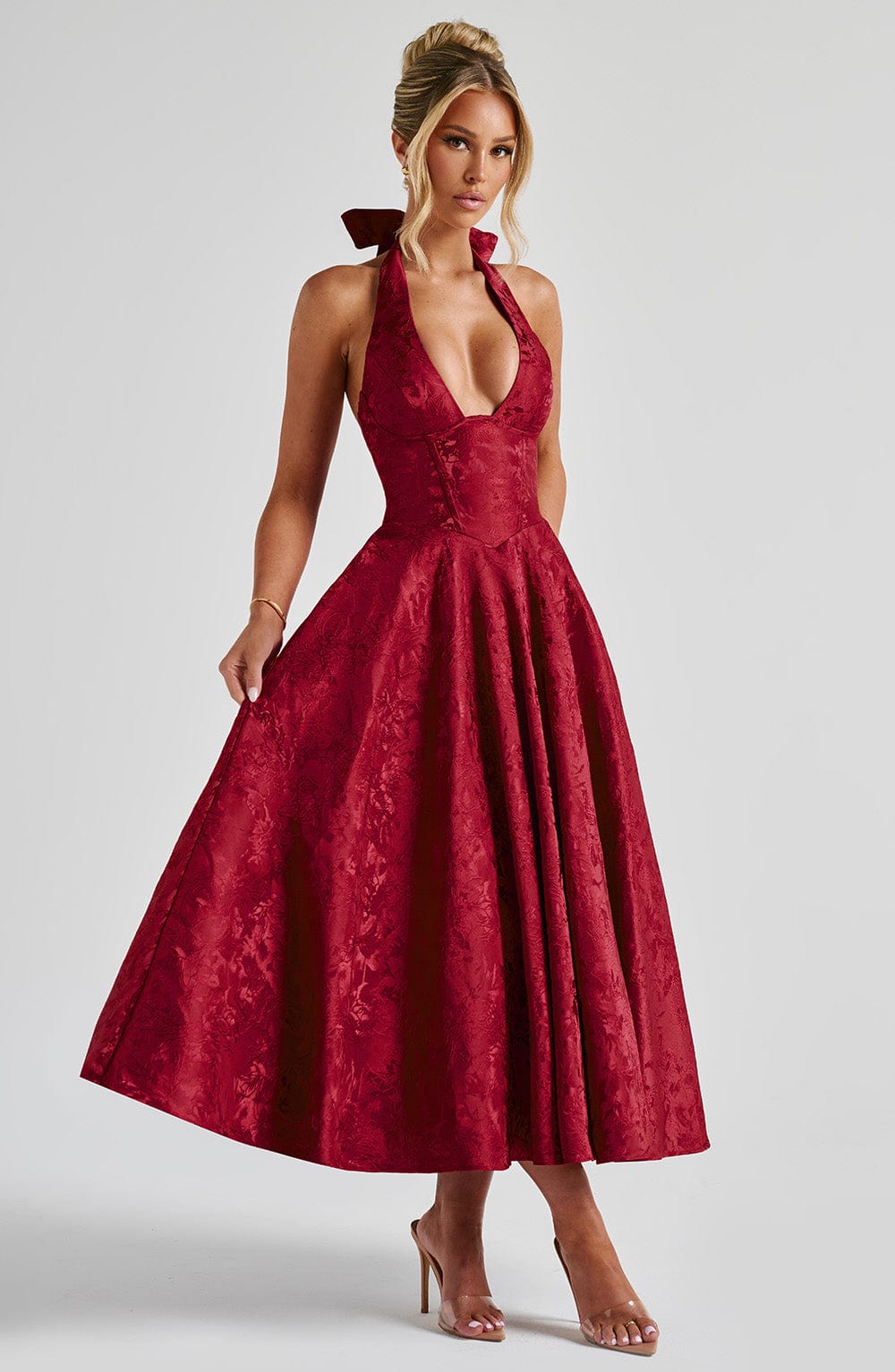 Jacquard Deep V-Neck Halter A-Line Midi Dress 7