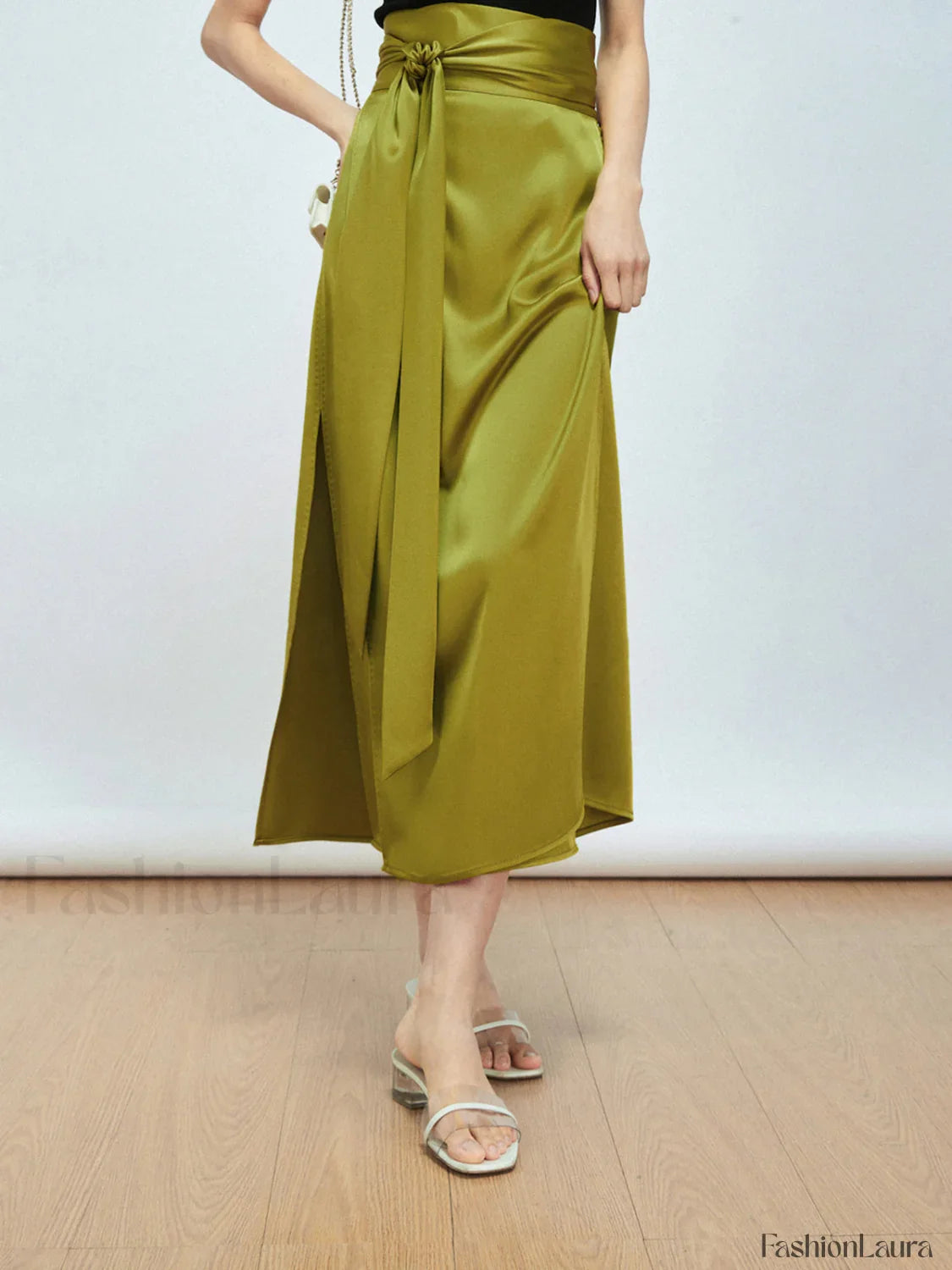Effortless Tie Front Satin Modern Flowy Slit Midi Skirt