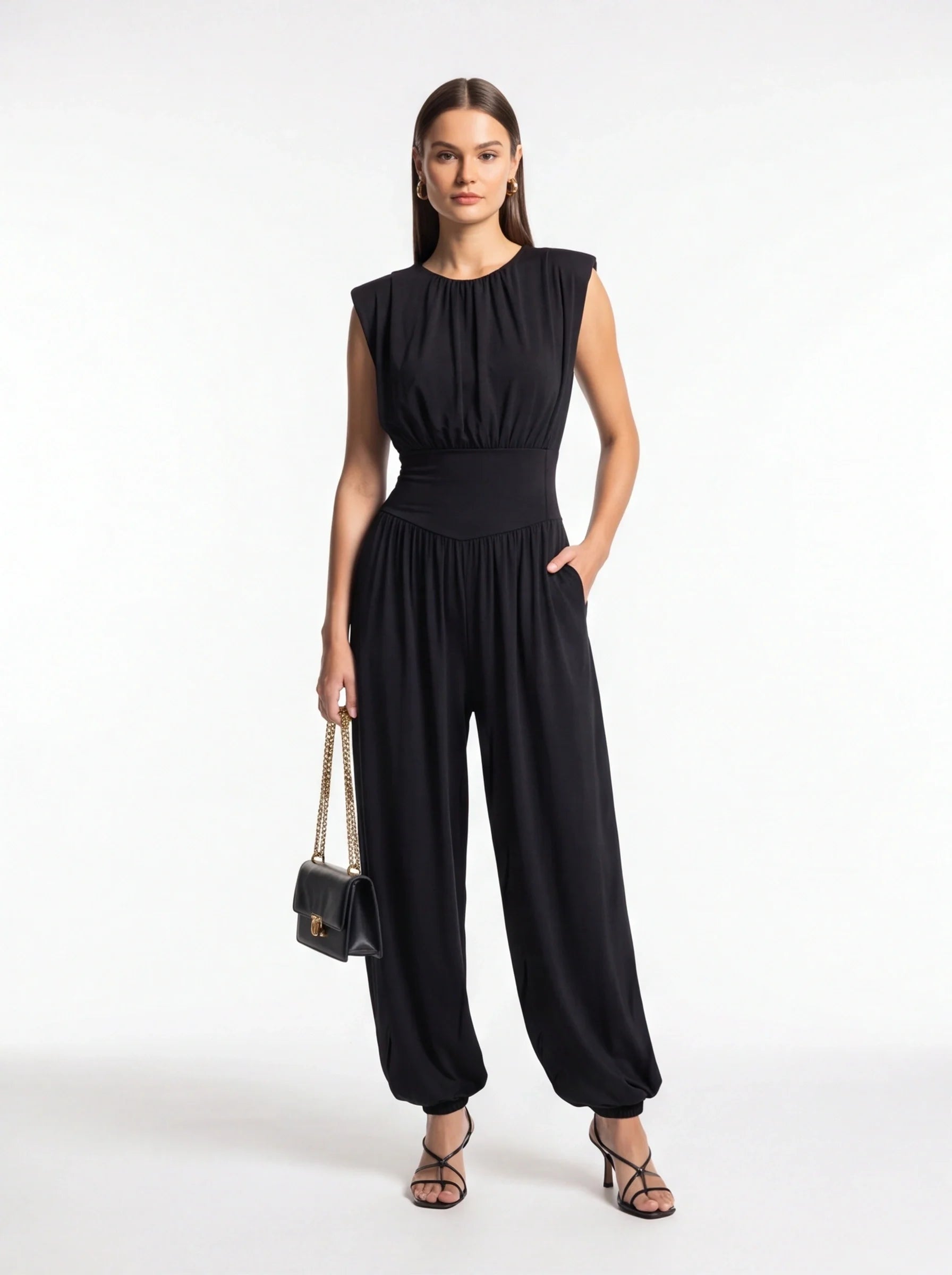 Elegant Casual Ruched Jumpsuit with Adjustable Straps & Pockets