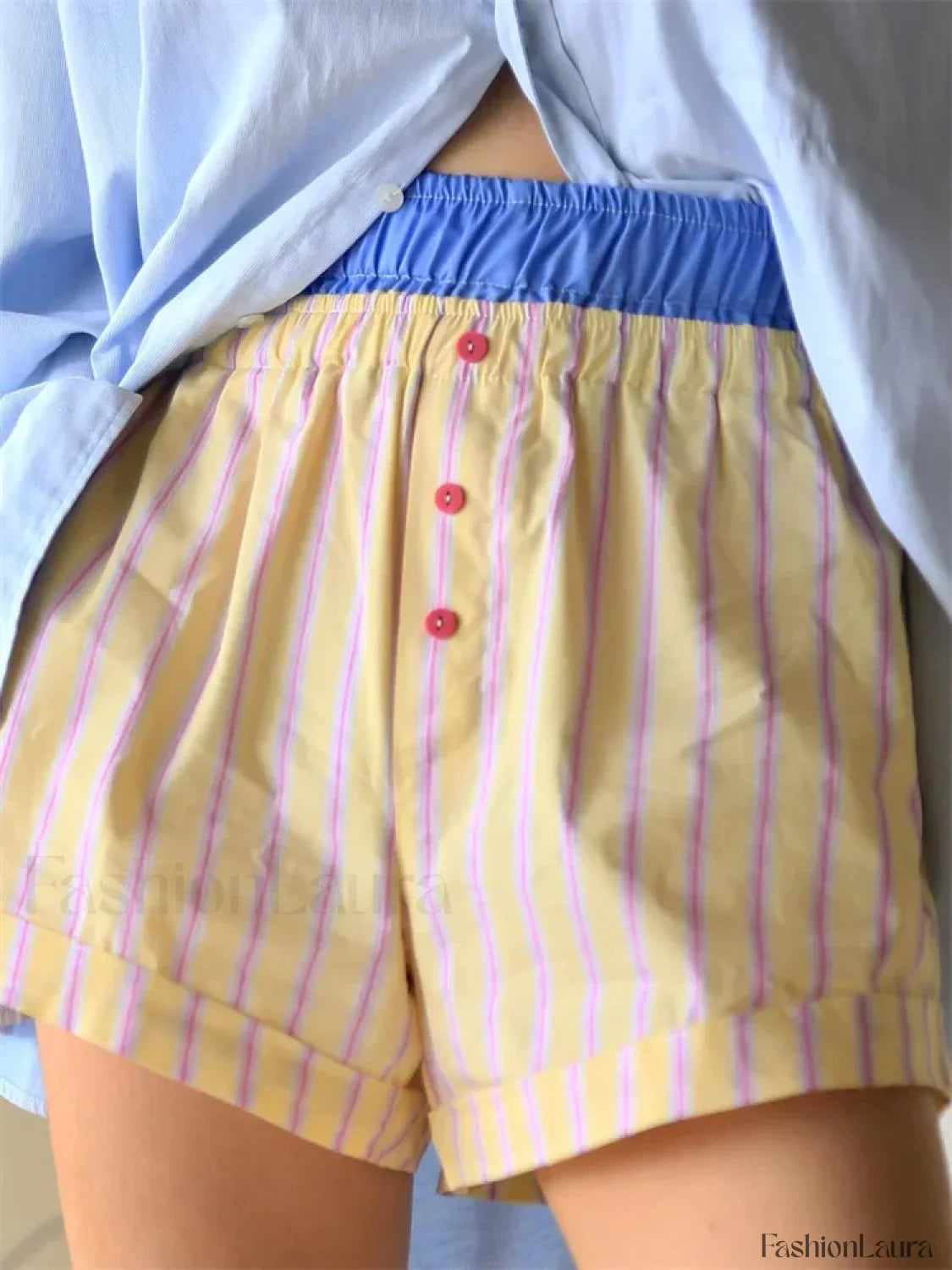 Elastic High Waist Patchwork Striped Print Casual Summer Short