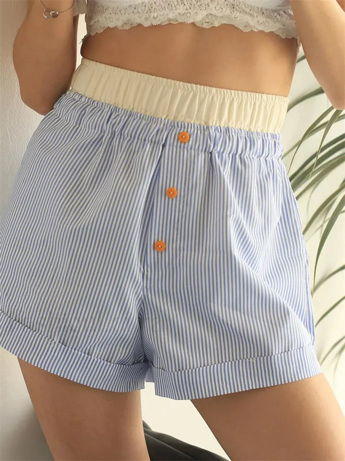 Elastic High Waist Patchwork Striped Print Casual Summer Short blue / S