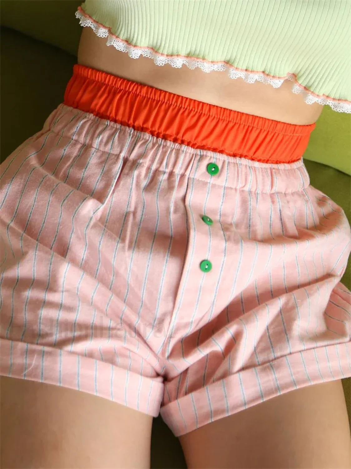 Elastic High Waist Patchwork Striped Print Casual Summer Short