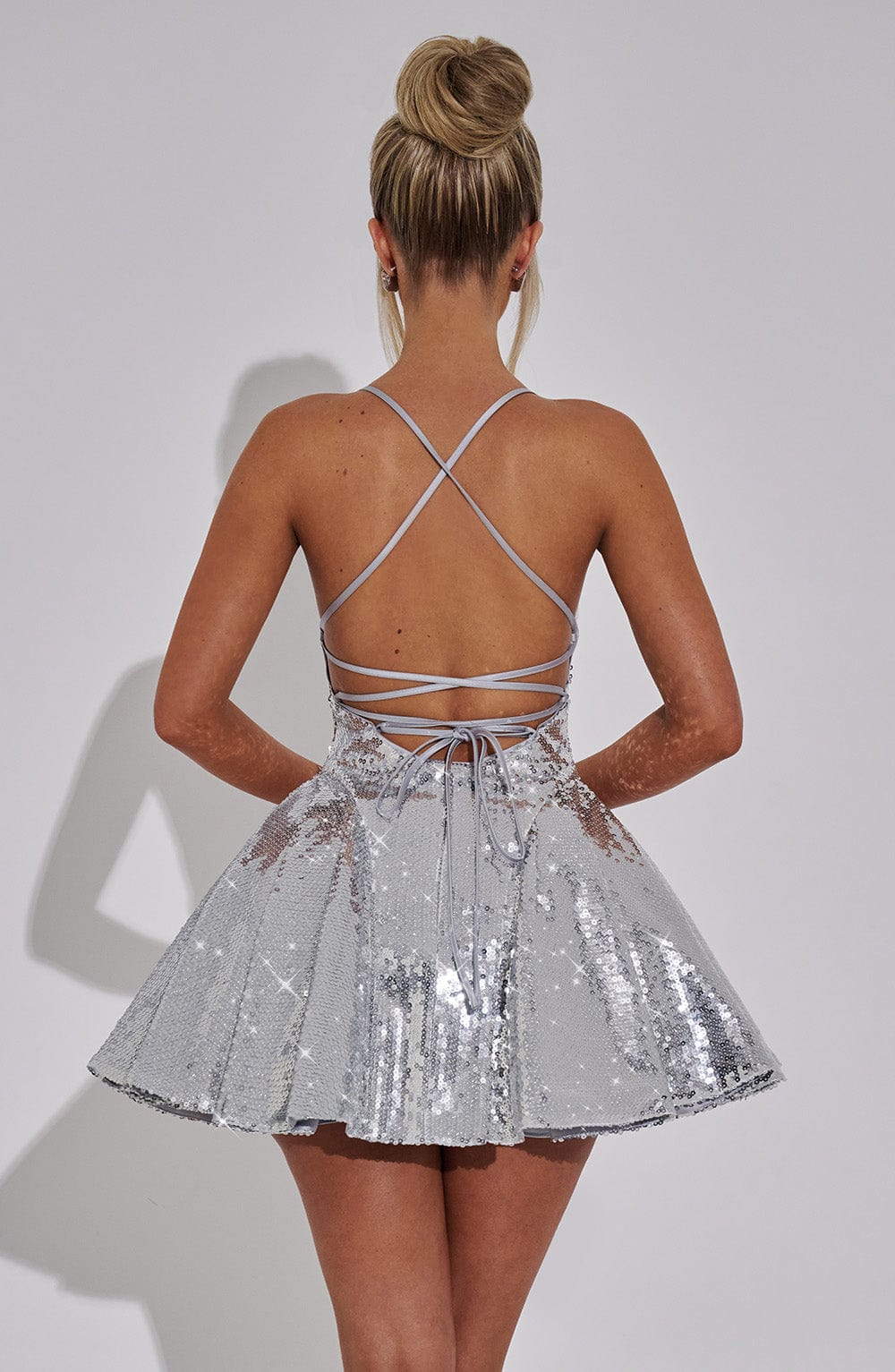 Sequin Straight Neck Spaghetti Strap Fitted Bodice Skater Mini Dress 12
