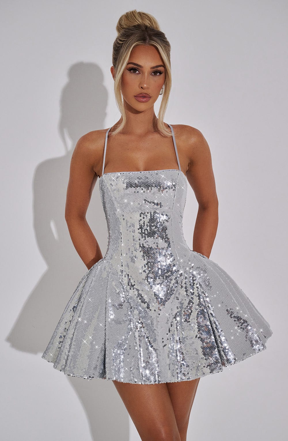 Sequin Straight Neck Spaghetti Strap Fitted Bodice Skater Mini Dress 8