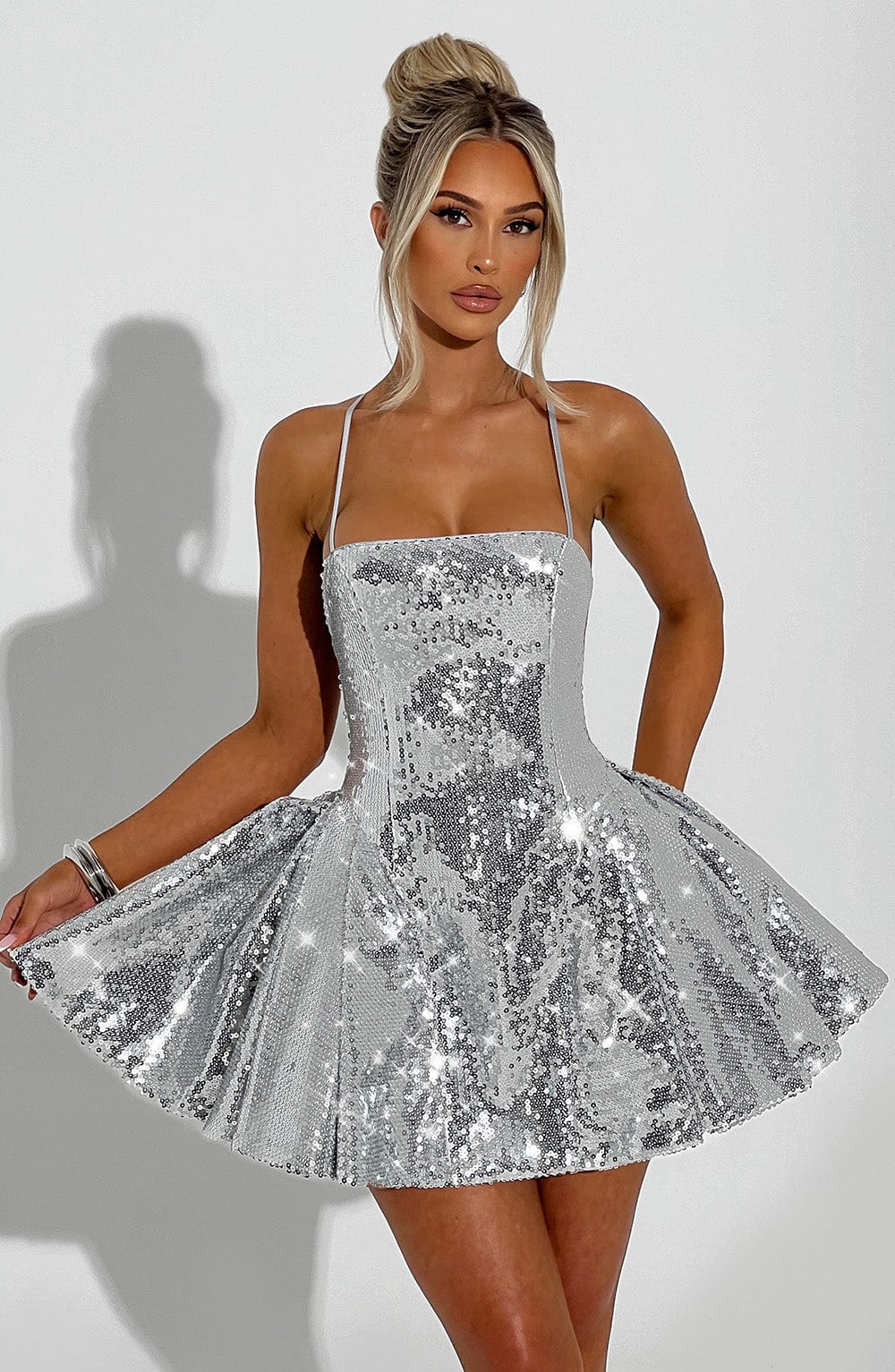 Sequin Straight Neck Spaghetti Strap Fitted Bodice Skater Mini Dress 2