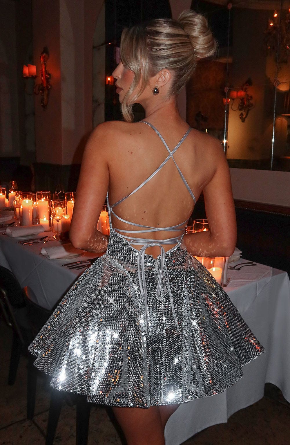 Sequin Straight Neck Spaghetti Strap Fitted Bodice Skater Mini Dress 3