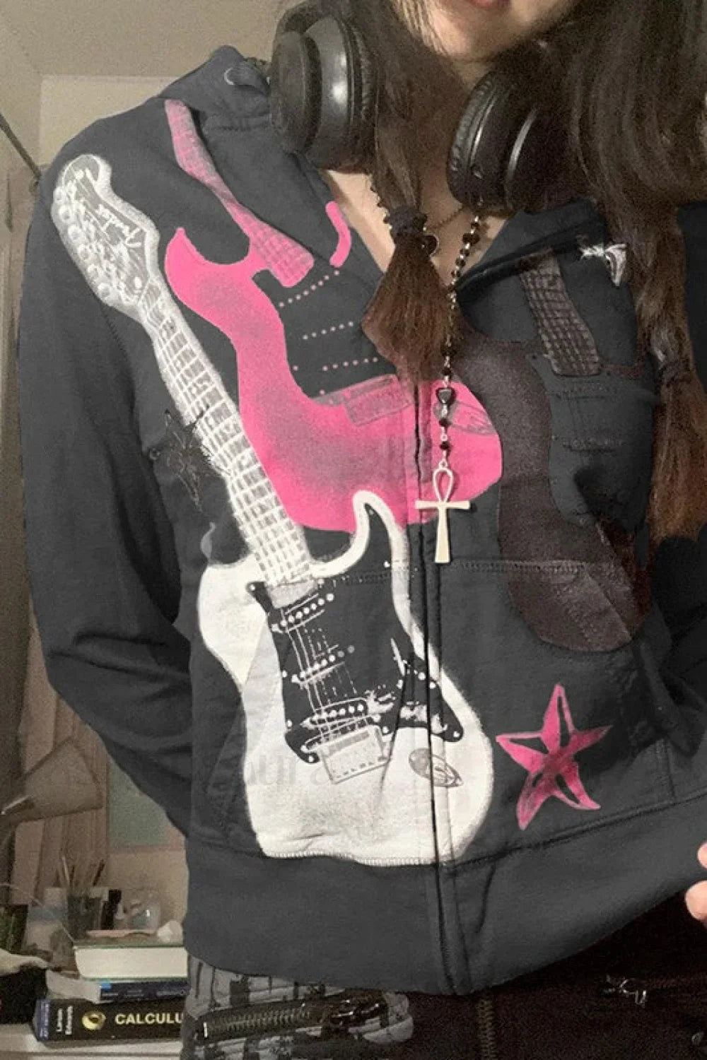 Electric Guitar Print Hoodie Grey / S