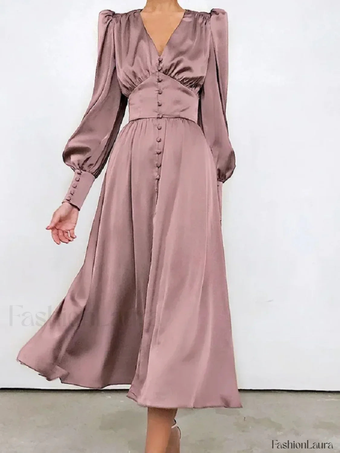 Elegant and fashionable Women's Fall V-neck Satin Full Button Skinny Vintage Split Maxi Dress