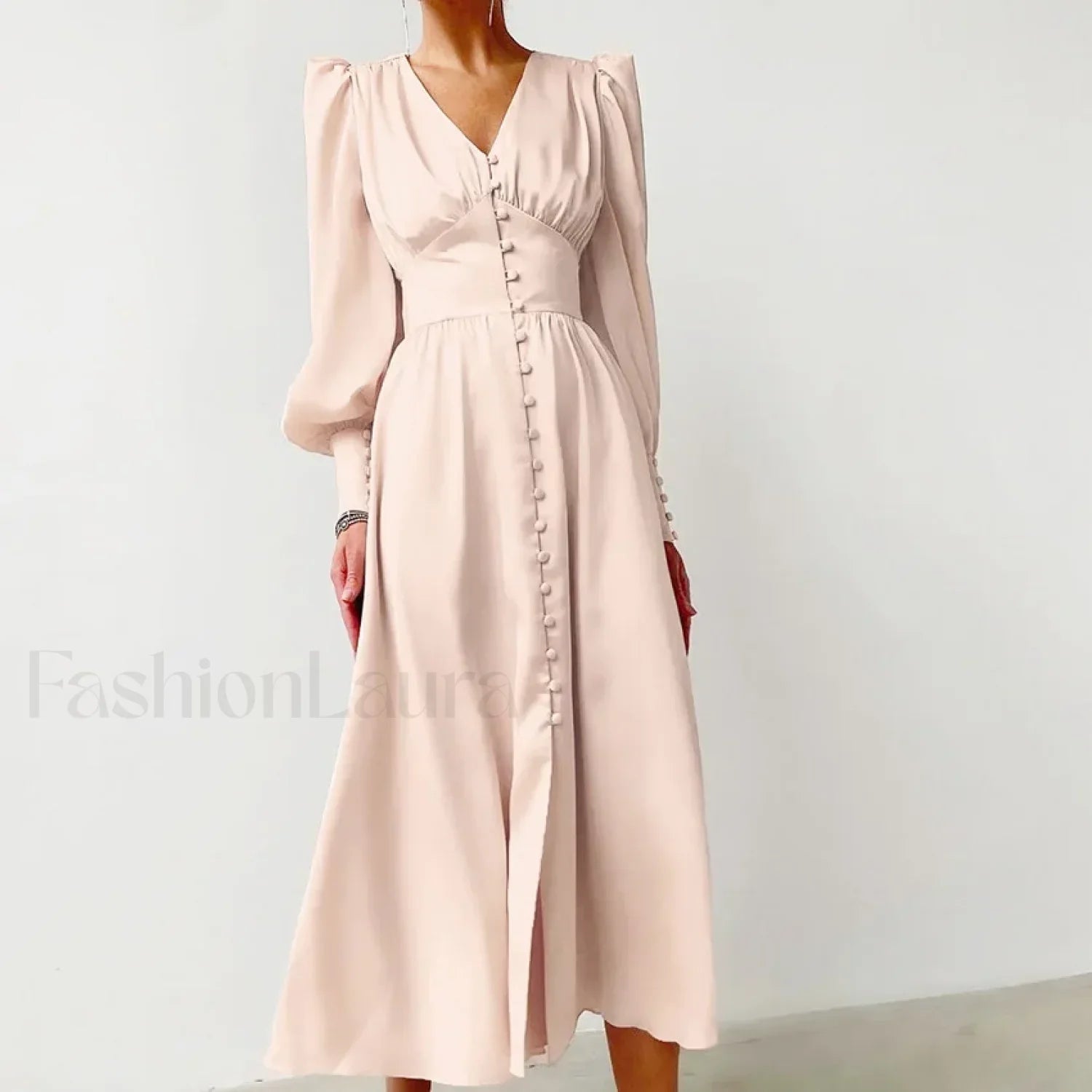 Elegant and fashionable Women's Fall V-neck Satin Full Button Skinny Vintage Split Maxi Dress