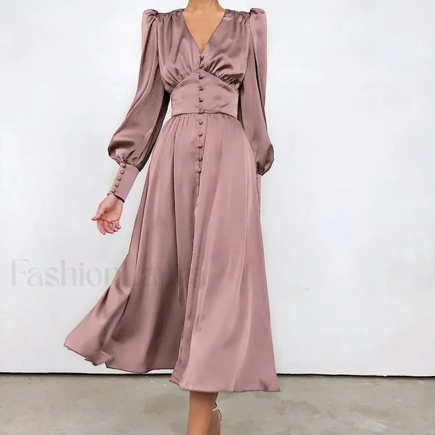 Elegant and fashionable Women's Fall V-neck Satin Full Button Skinny Vintage Split Maxi Dress