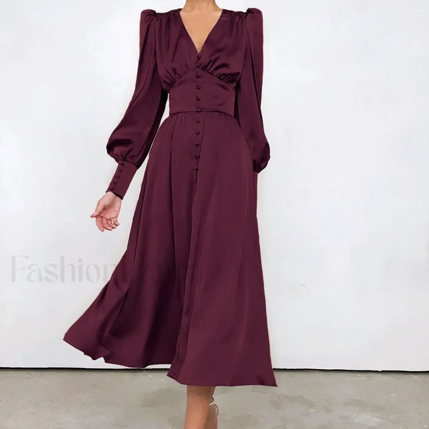 Elegant and fashionable Women’s Fall V neck Satin Full Button Skinny Vintage Split Maxi Dress Burgundy / XS