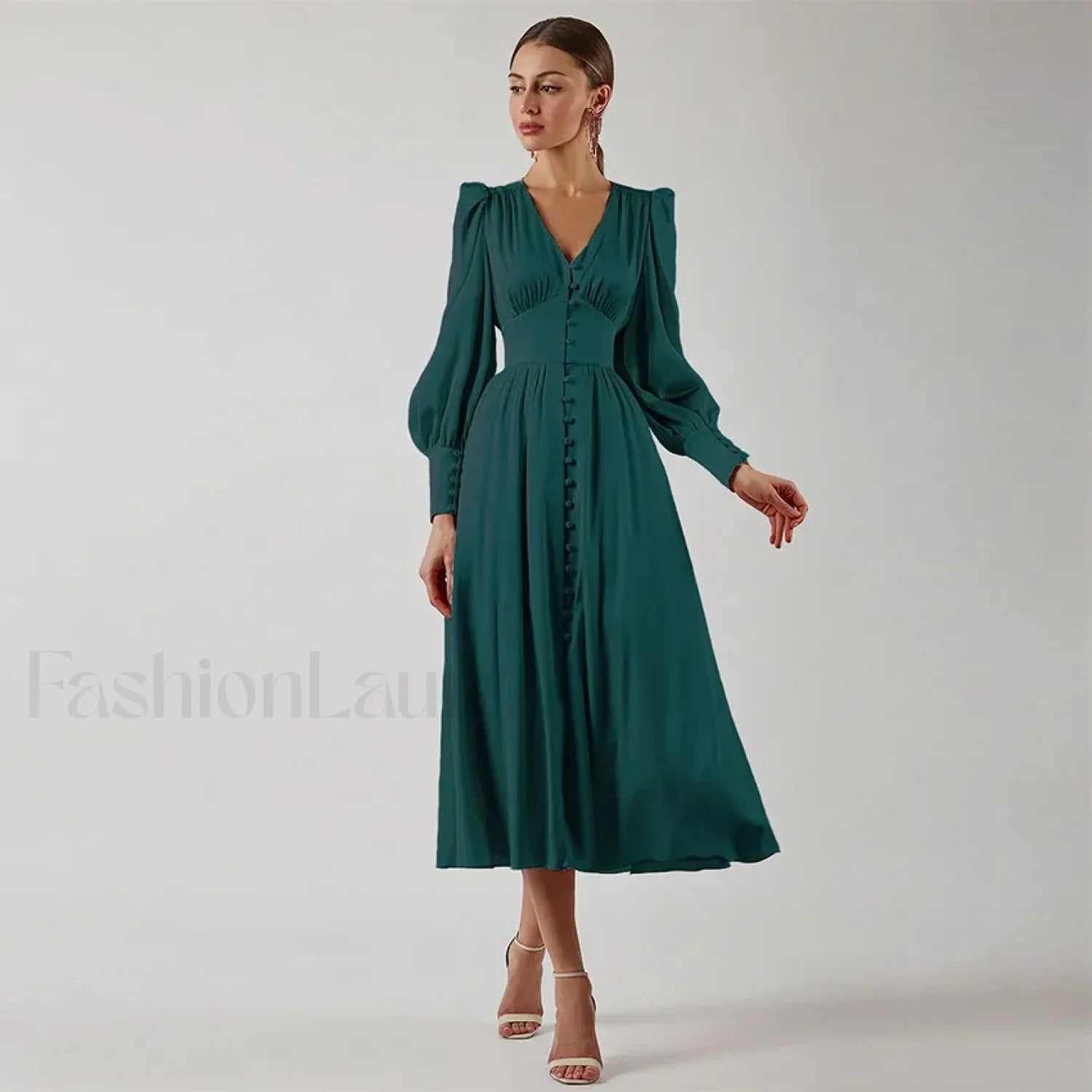 Elegant and fashionable Women’s Fall V neck Satin Full Button Skinny Vintage Split Maxi Dress Dark Green / XS