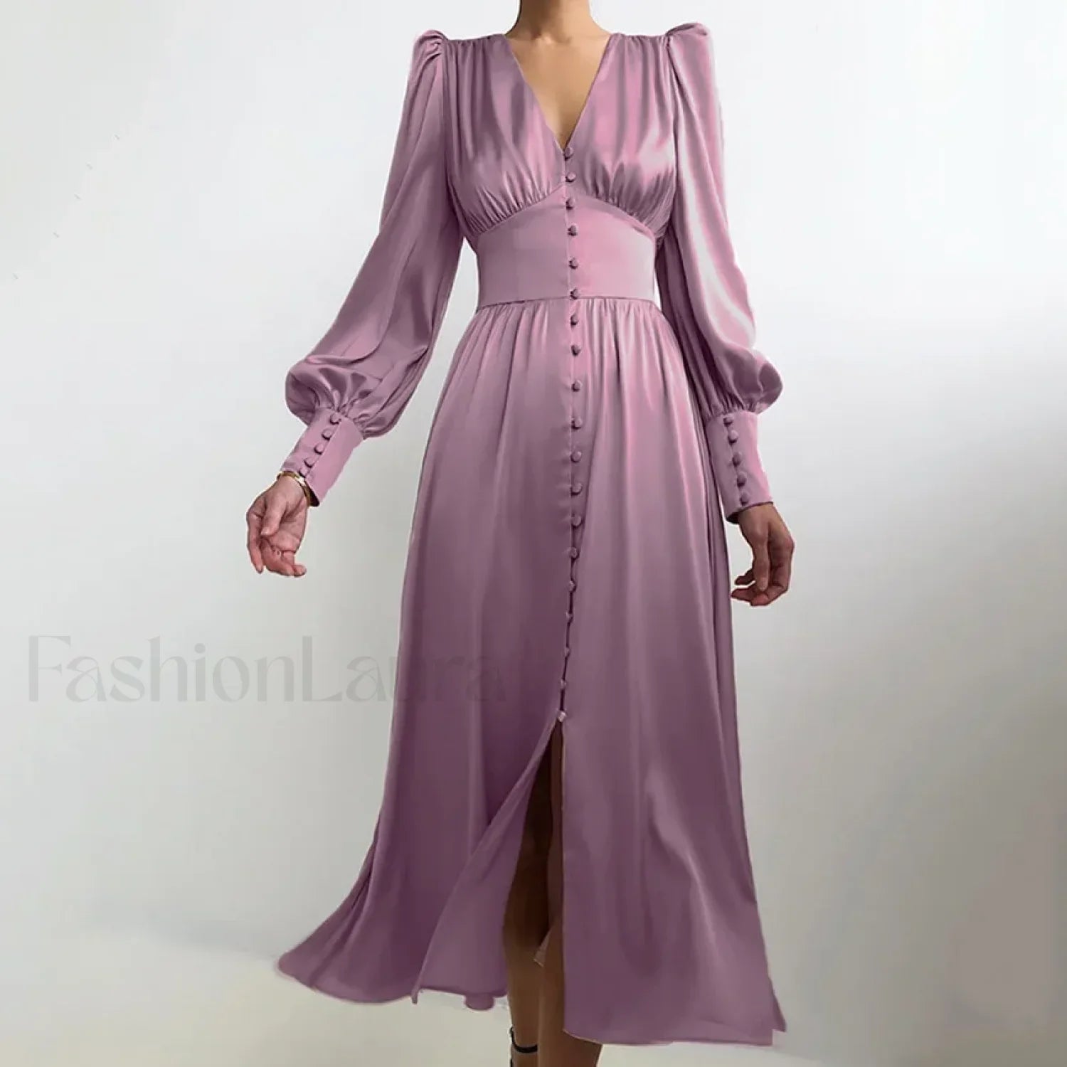 Elegant and fashionable Women's Fall V-neck Satin Full Button Skinny Vintage Split Maxi Dress