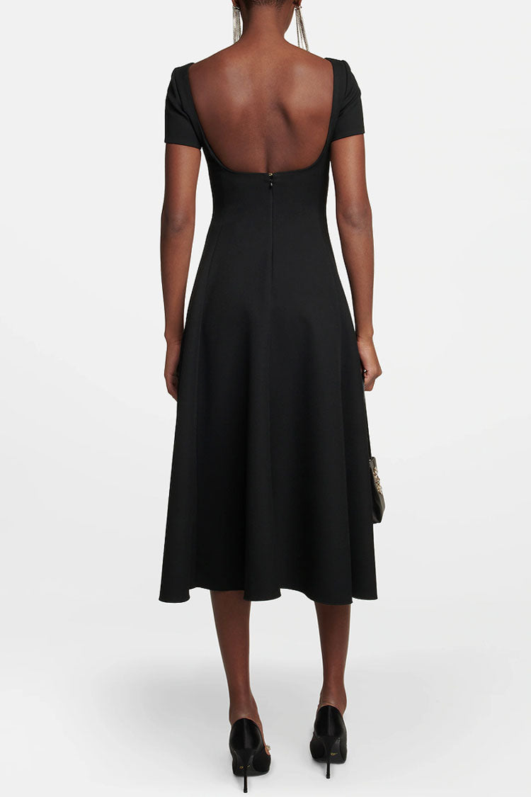 Boat Neck Short Sleeve Princess Seam A-Line Cocktail Midi Dress