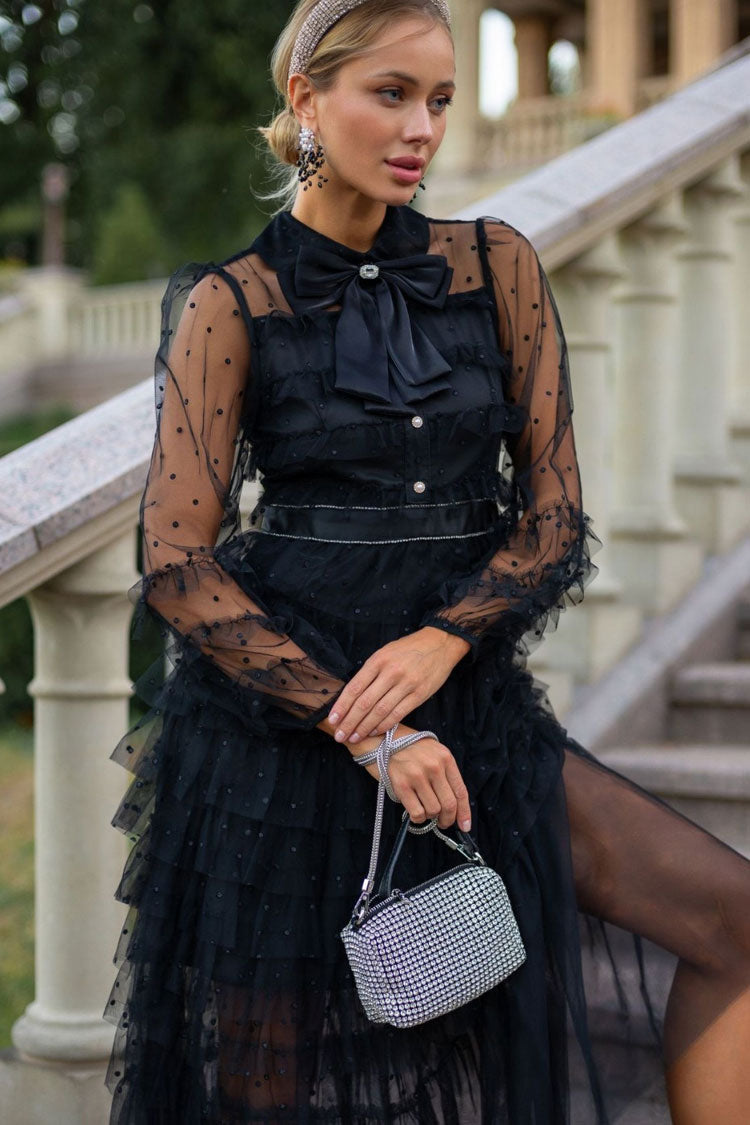 Bow Tie Neck Long Sleeve Glitter Dot Tulle Tiered Ruffle Maxi Dress