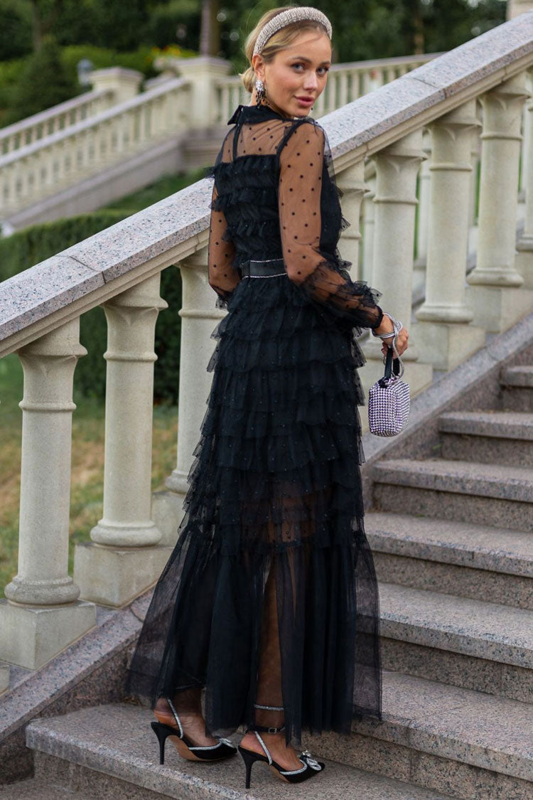 Bow Tie Neck Long Sleeve Glitter Dot Tulle Tiered Ruffle Maxi Dress