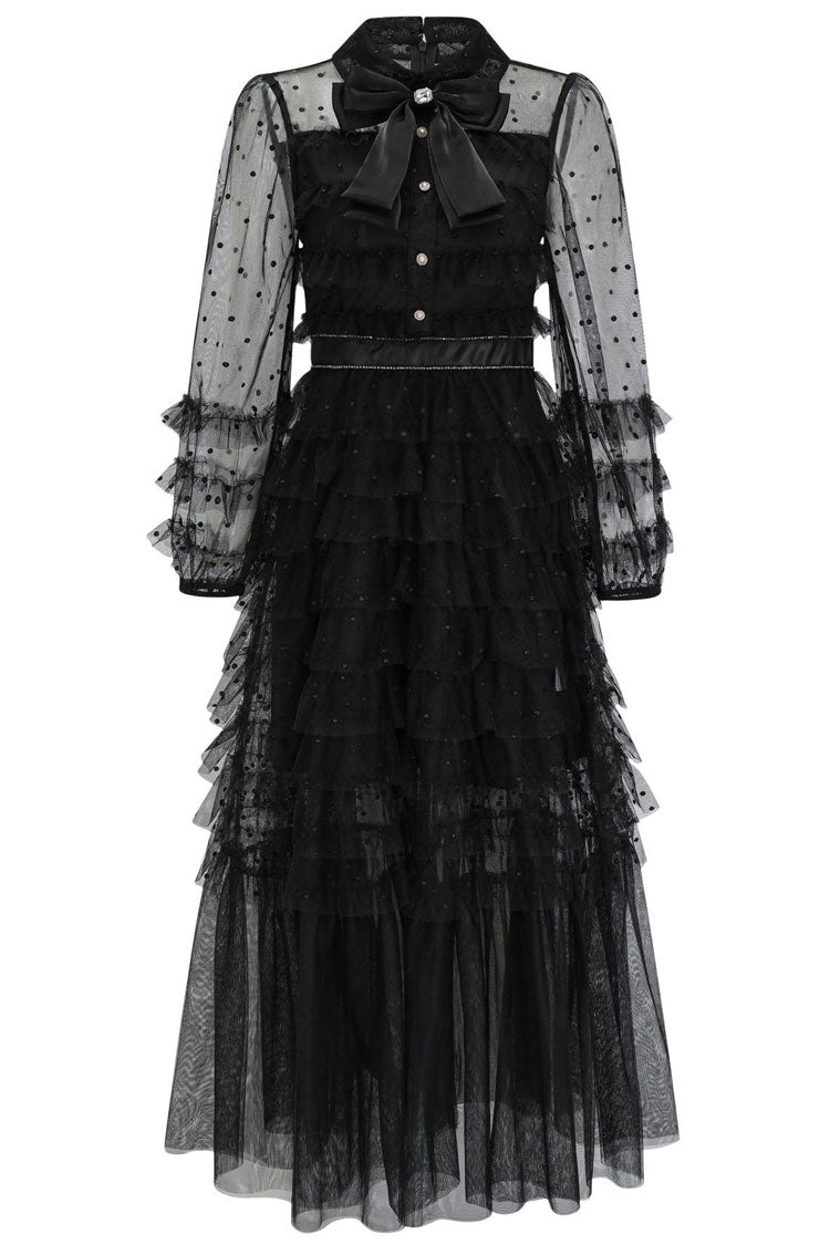 Bow Tie Neck Long Sleeve Glitter Dot Tulle Tiered Ruffle Maxi Dress
